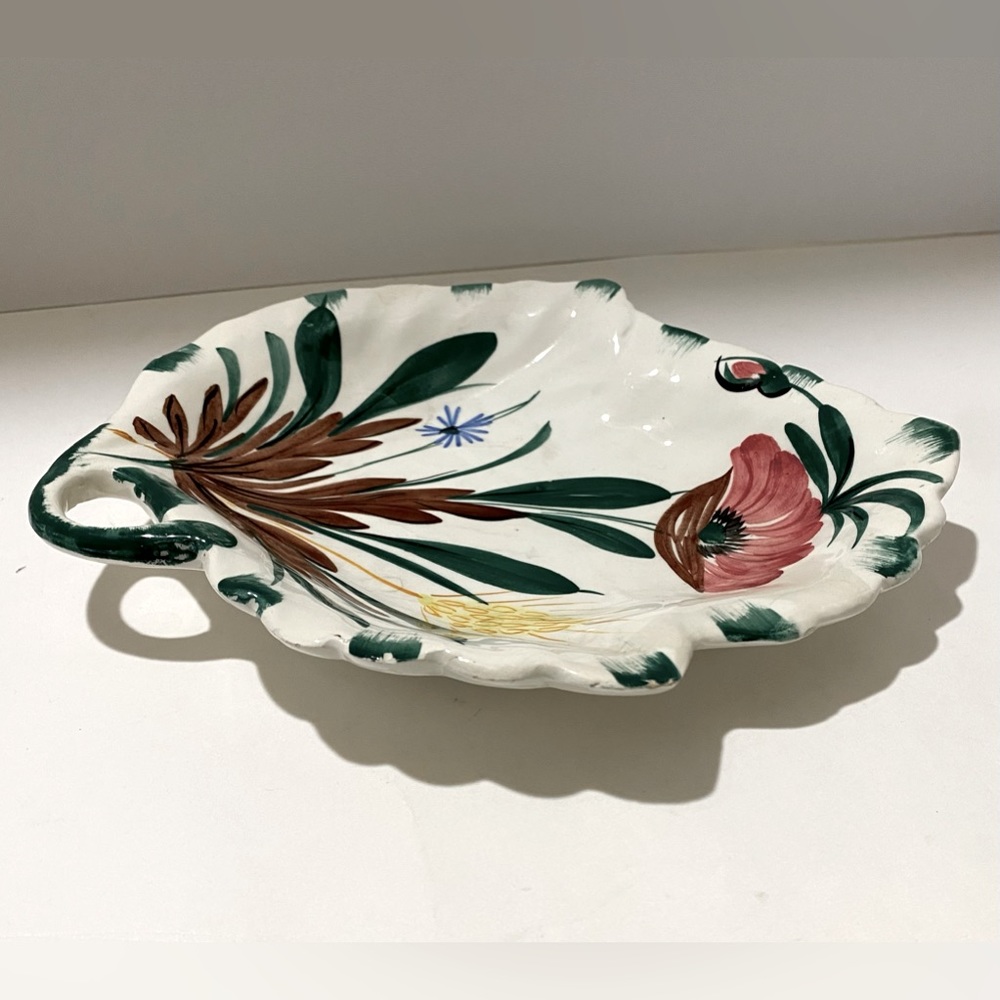 Vintage Mid-20th Century Italian Leaf Shape Pottery Dish Floral Signed
